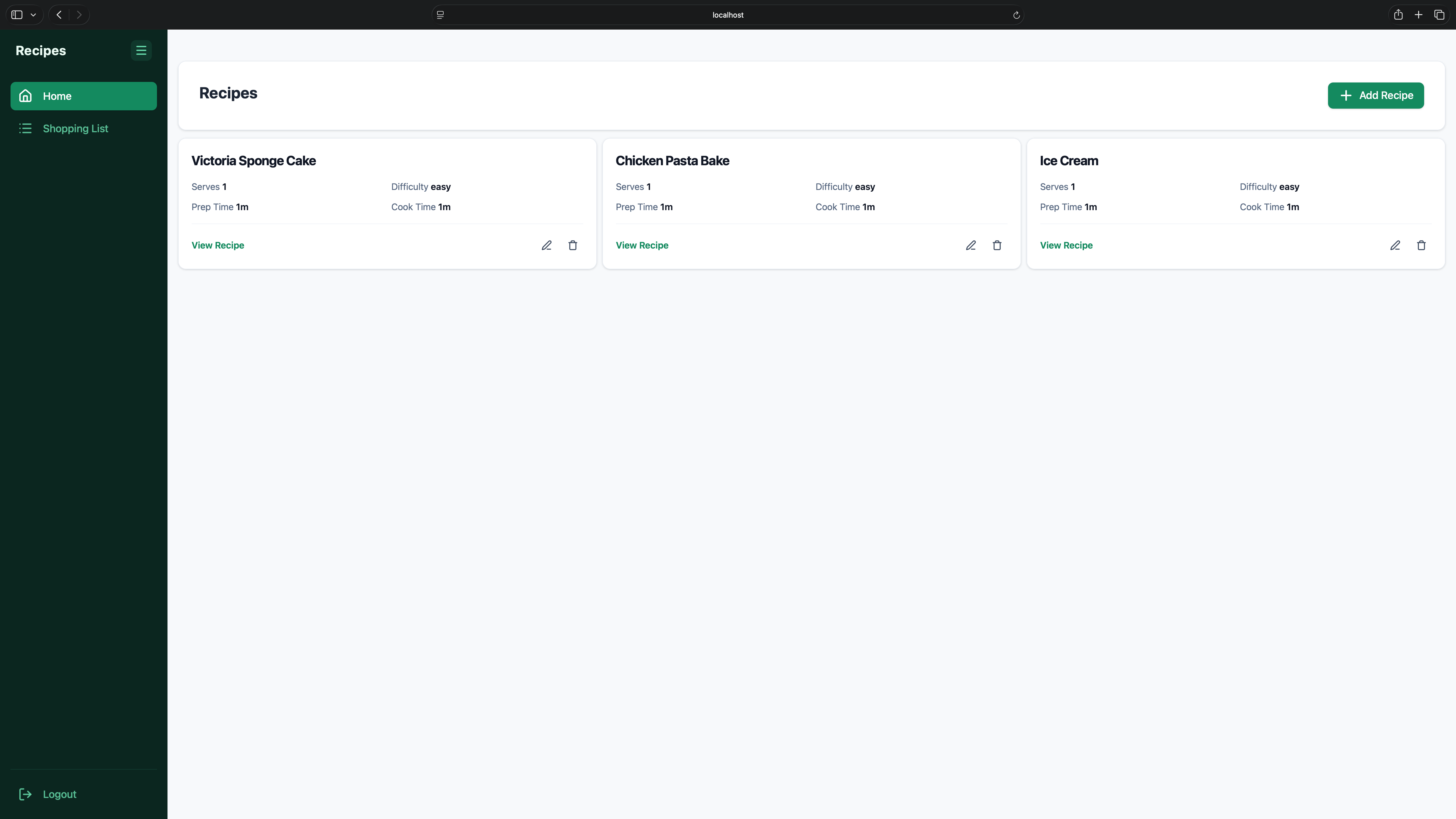 Recipe Manager project interface